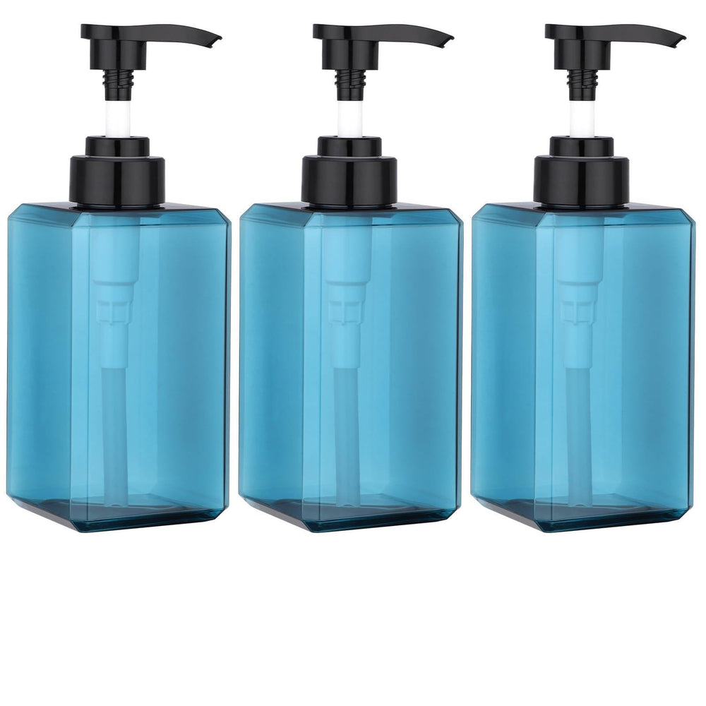 Suream blue square pump bottle 15oz for shampoo and conditioner, easy to fill and reuse.
