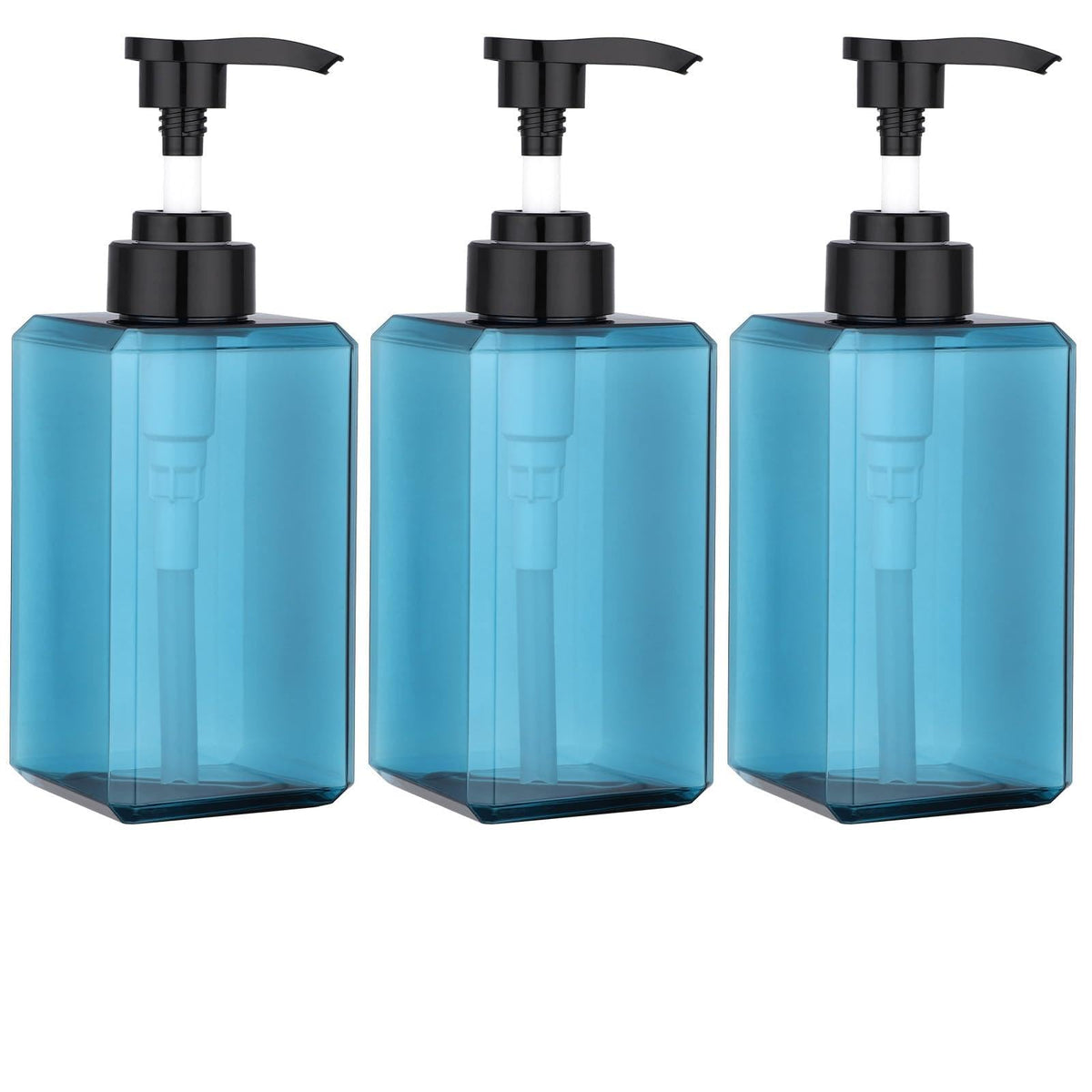 Suream blue square pump bottle 15oz for shampoo and conditioner, easy to fill and reuse.