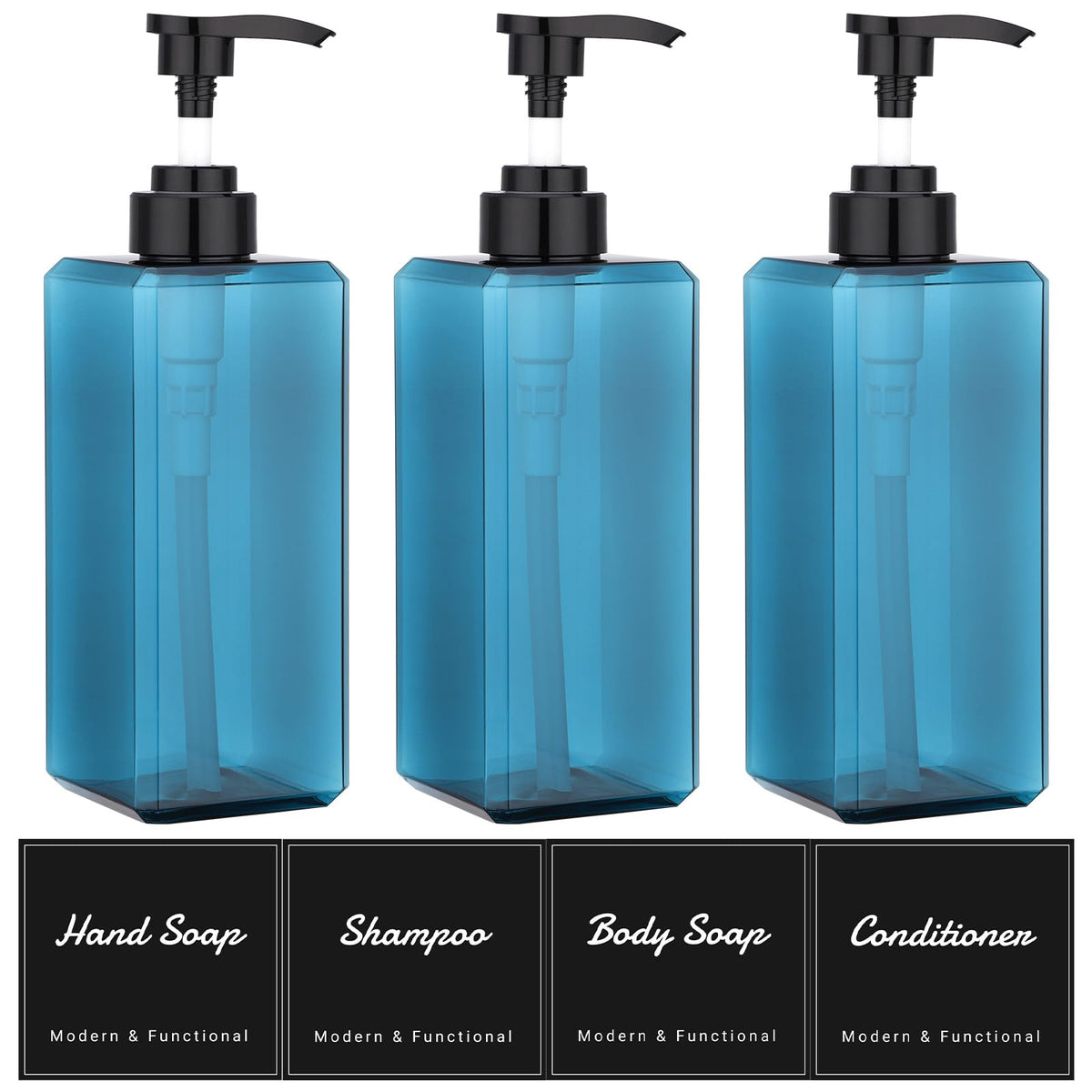 Suream shampoo dispenser blue set front shows three pump bottles for easy grab