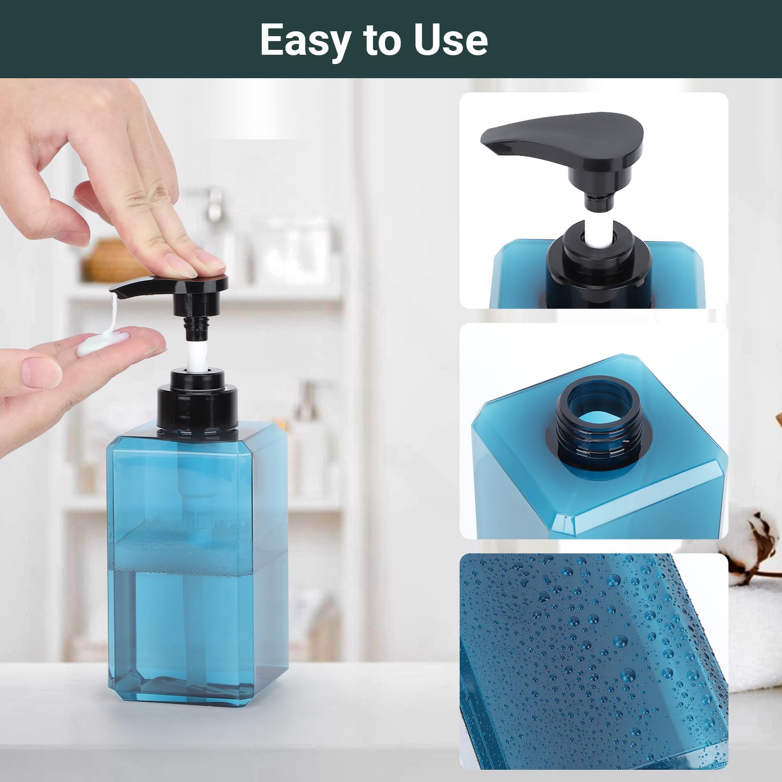 Suream square bottle with clear body shows remaining liquid easily.
