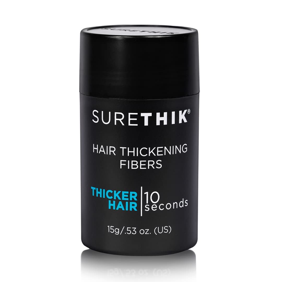 SURETHIK Hair Fibers 15g dark brown packaging for quick, natural-looking coverage.