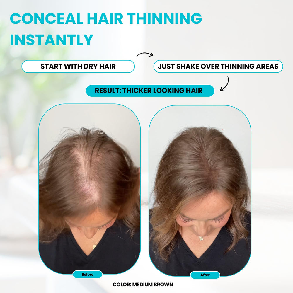 SURETHIK Hair Fibers application close-up shows seamless blend for natural thickening.