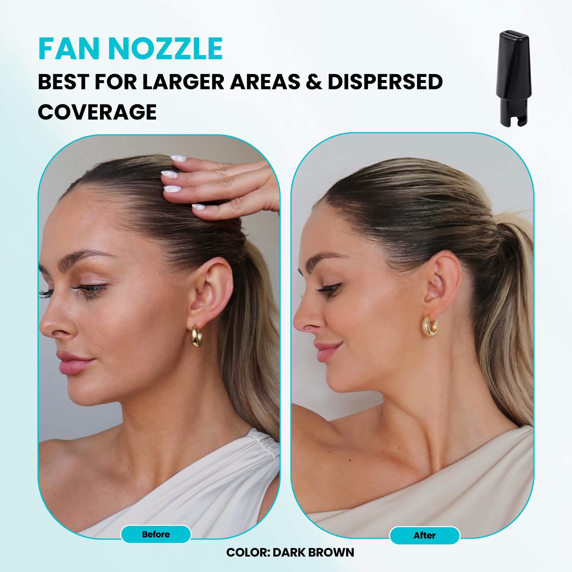 SURETHIK in-use scenario shows a tidy, mess-free hair fiber application.