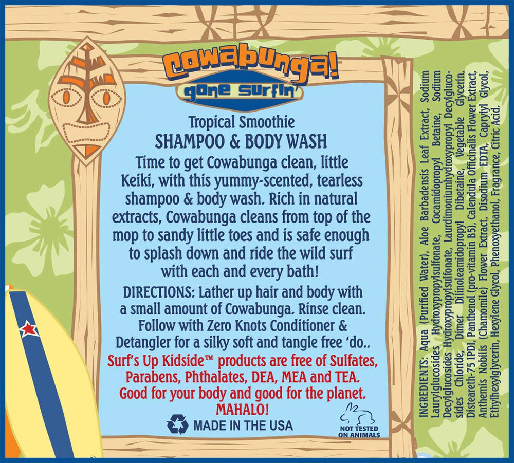 Surf's Up Kidside cruelty-free bath gel label indicating no animal testing