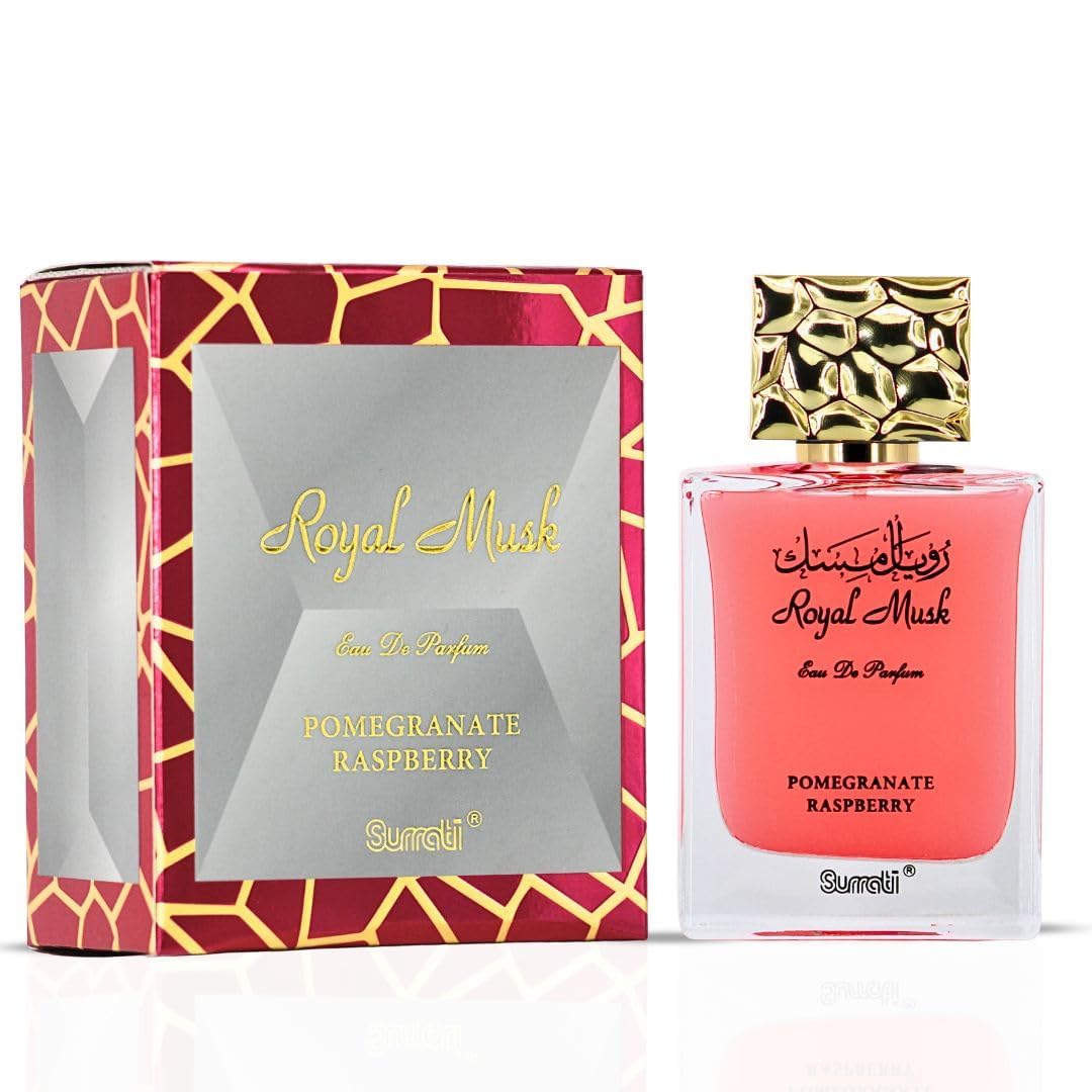 Surrati Royal Musk Pomegranate Raspberry bottle showcases elegant 100 ml design for lasting allure