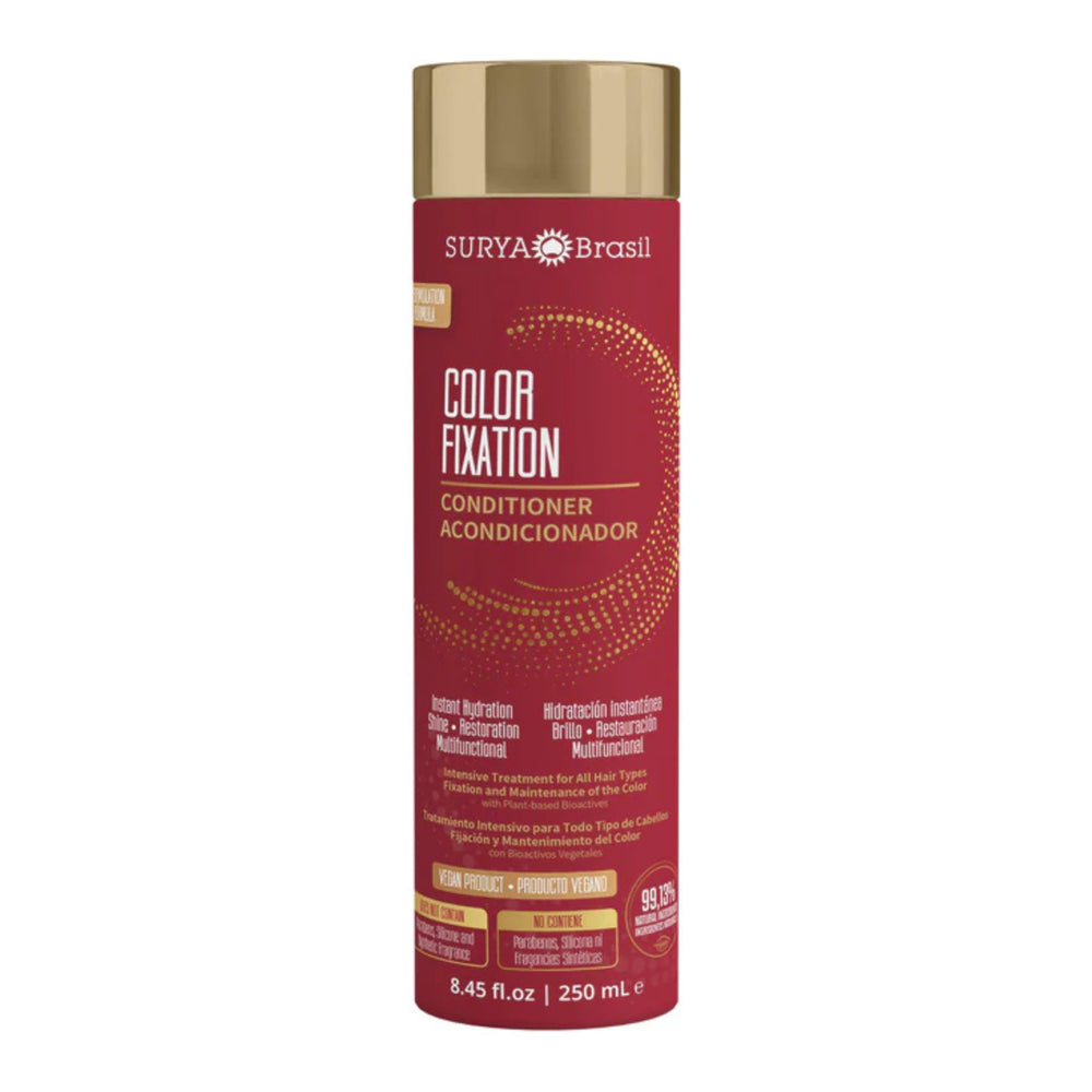 Surya Brasil Color Fixation Restorative Conditioner bottle close-up highlighting dyed hair shine