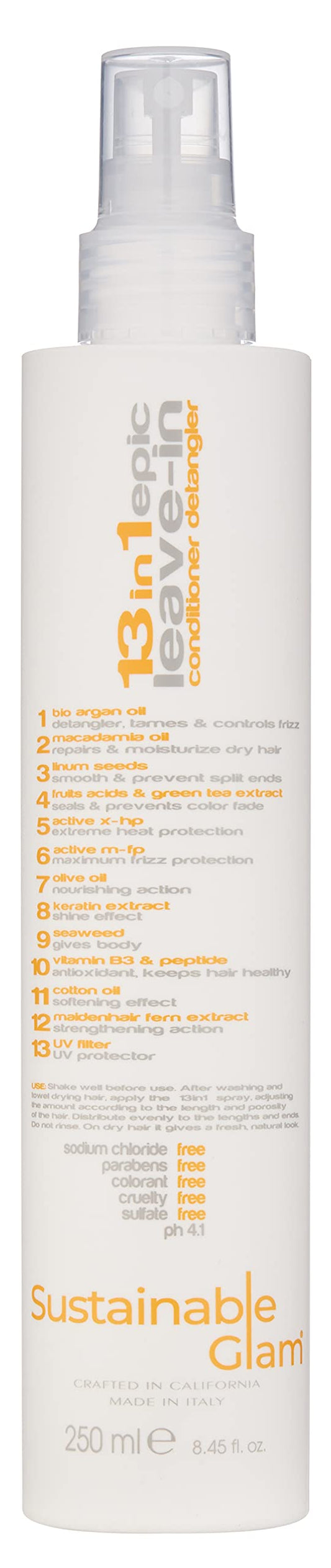 Sustainable Glam Epic Leave-In Bottle Closeup shows keratin-rich hydration for silky hair.
