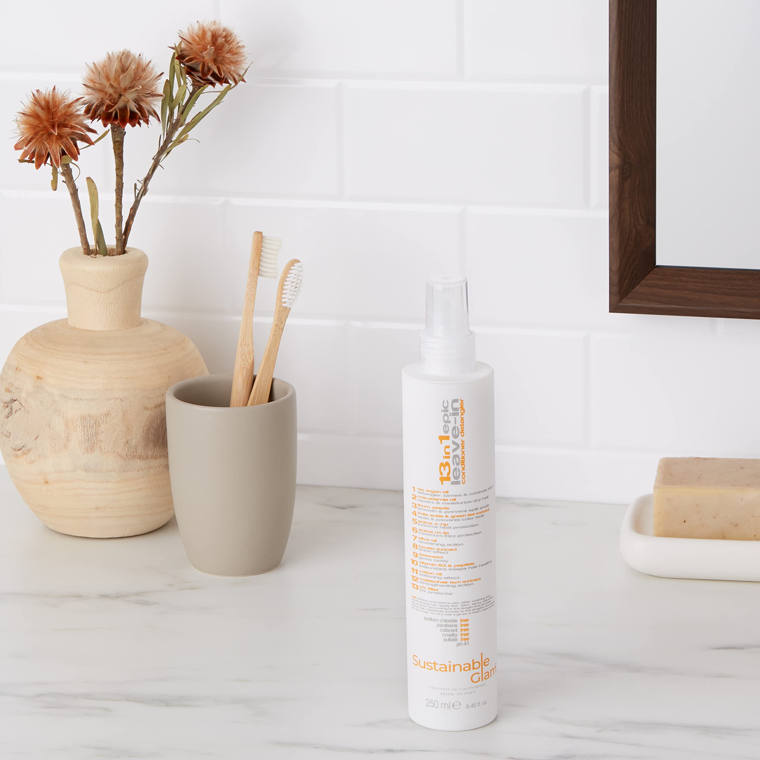 Sustainable Glam Epic Leave-In Cruelty-Free logo reinforces ethical beauty choice.