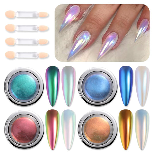 SUTOKAKA chameleon chrome nail powder kit with four colors for shimmering aurora nails.