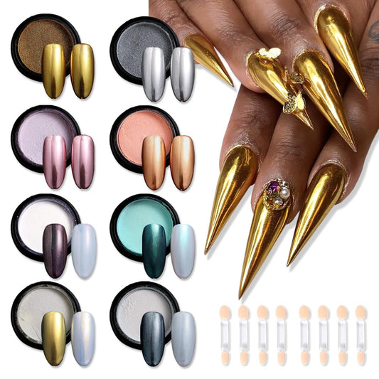 SUTOKAKA chrome nail powder kit eight jars showing two finishes for gel nails