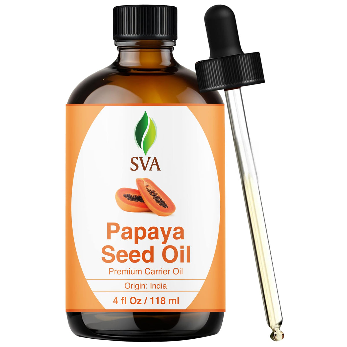 SVA Organics Papaya Seed Oil bottle with dropper for convenient facial nourishment.