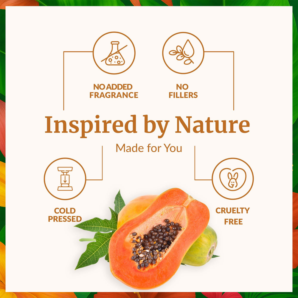 SVA Organics Papaya Seed Oil bottle beside natural ingredients for daily skin care.