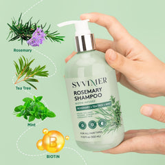 Svvimer biotin-tea-tree-mint ingredients close-up supporting scalp care.