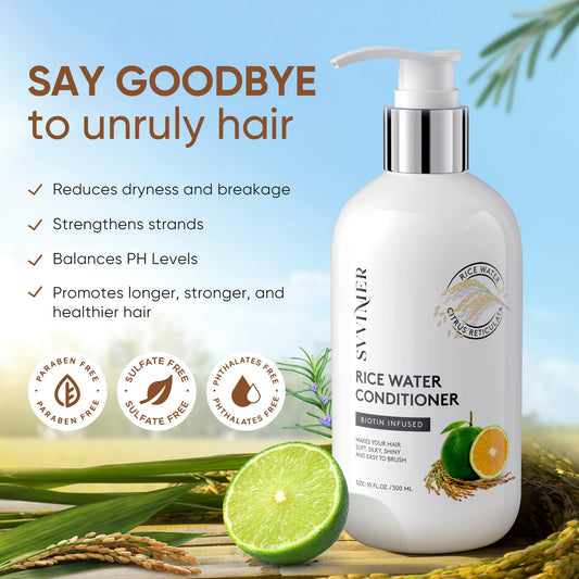 Svvimer ingredient panel shows biotin and rice water for hair strength.