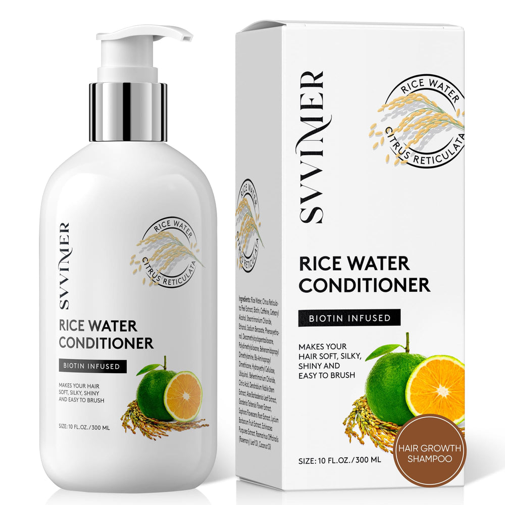 Svvimer rice water conditioner bottle highlighting moisture and shine potential.