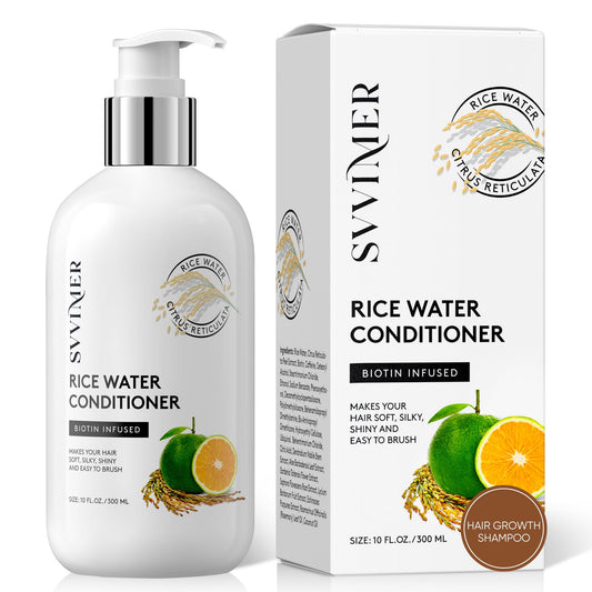 Svvimer rice water conditioner bottle highlighting moisture and shine potential.