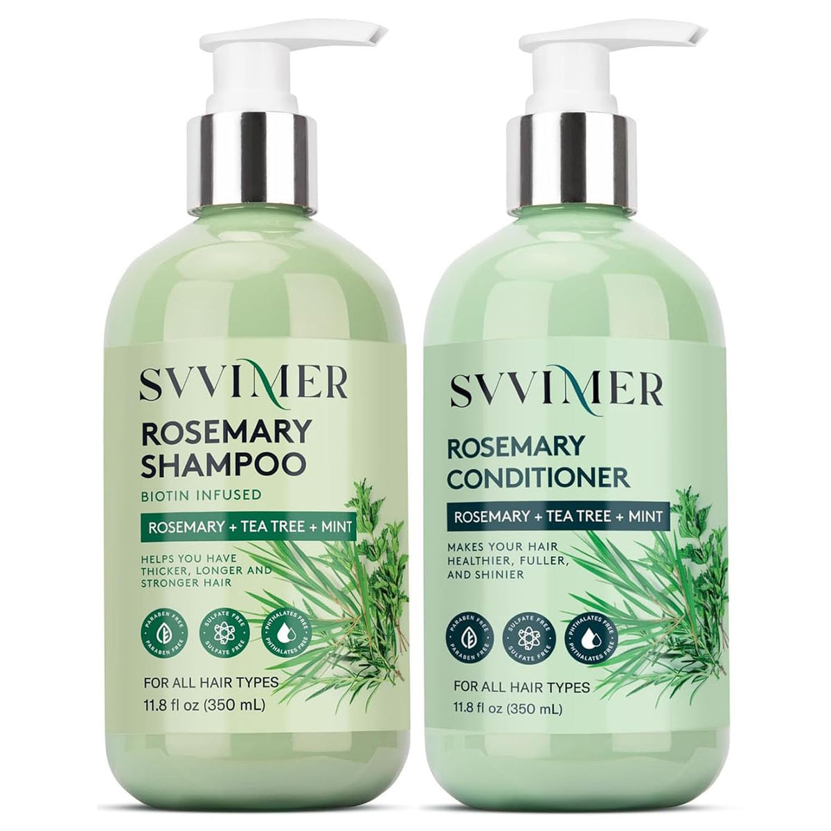 Svvimer rosemary shampoo bottle promotes fuller-looking hair.