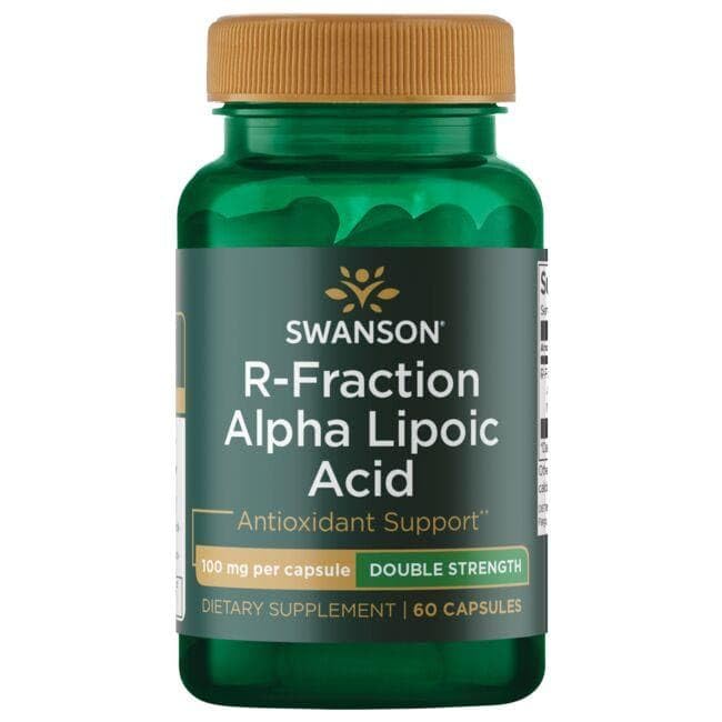 Swanson Alpha Lip 100MG bottle on wood evokes a convenient daily supplement for a balanced lifestyle.