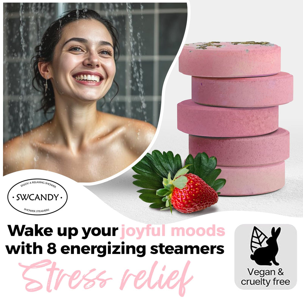 SWCANDY shower steamers strawberry pack closeup label, natural essential oils highlighted