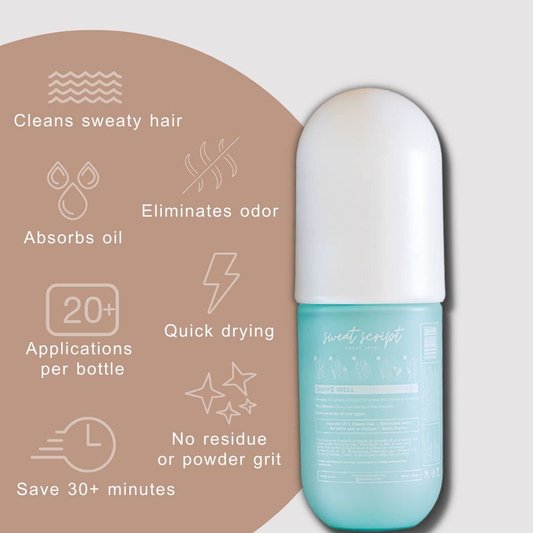 Sweat Script non-aerosol application on hair absorbs oil and sweat