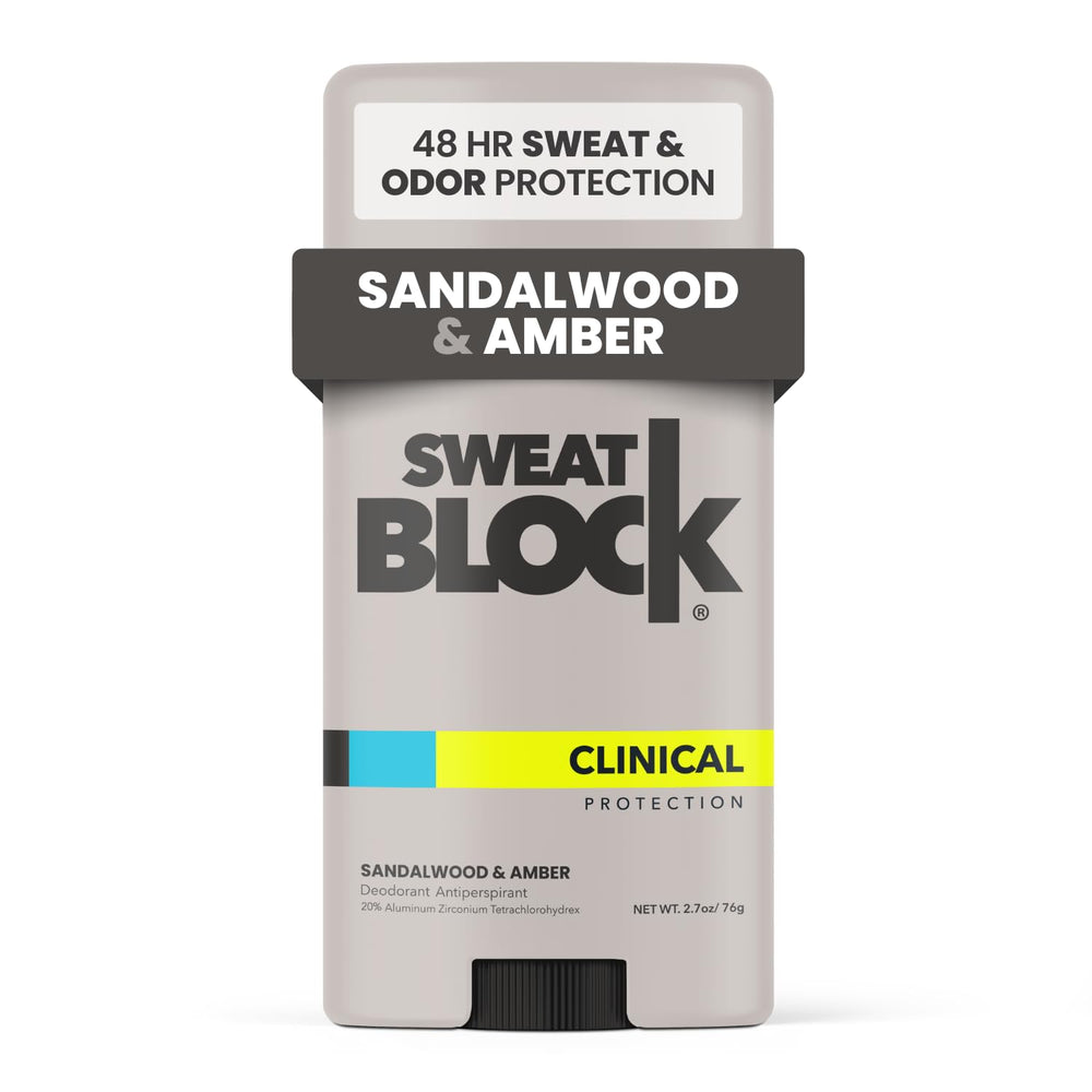 SweatBlock sandalwood-amber deodorant application for daily freshness.