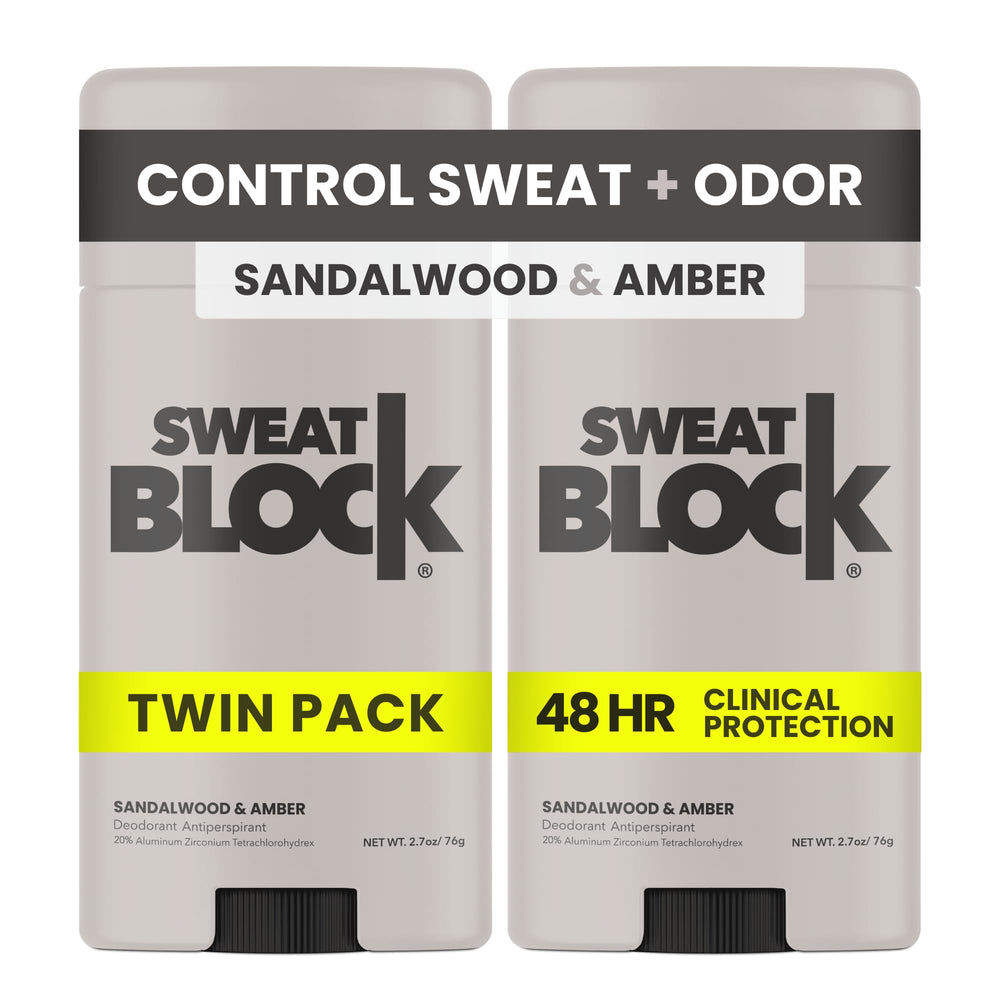 SweatBlock clinical-strength deodorant 2-pack bottle shown for all-day odor and sweat control.