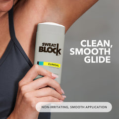 SweatBlock application close-up shows smooth glide and night-to-morning routine.