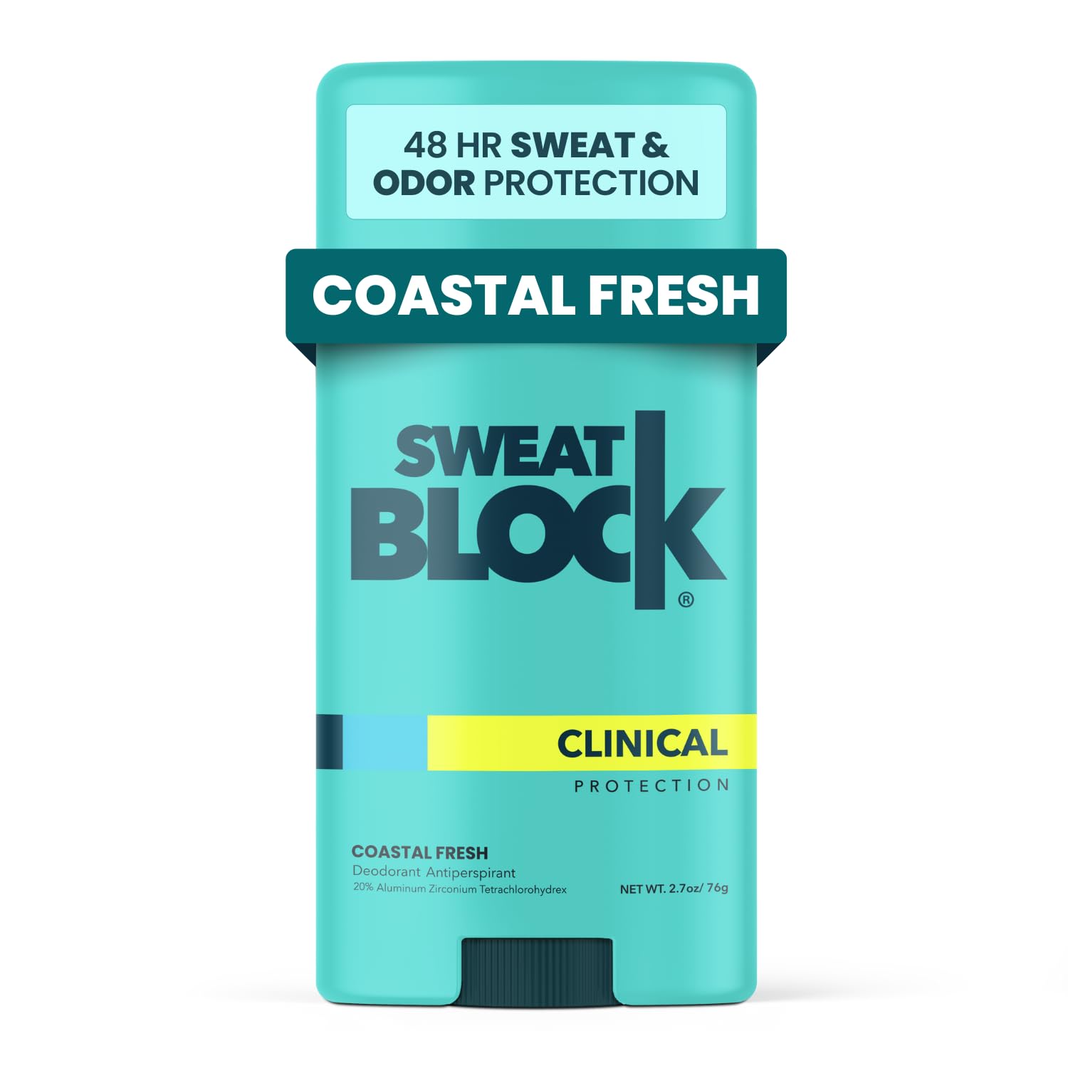 SweatBlock Coastal Fresh deodorant bottle with unisex scent and smooth glide.