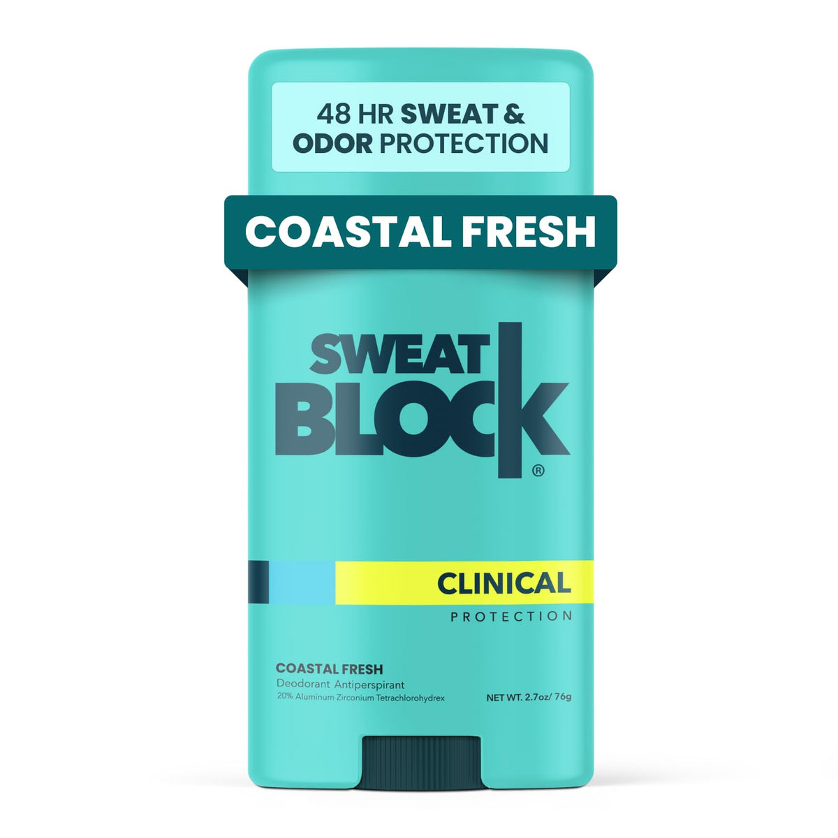 SweatBlock Coastal Fresh deodorant bottle with unisex scent and smooth glide.