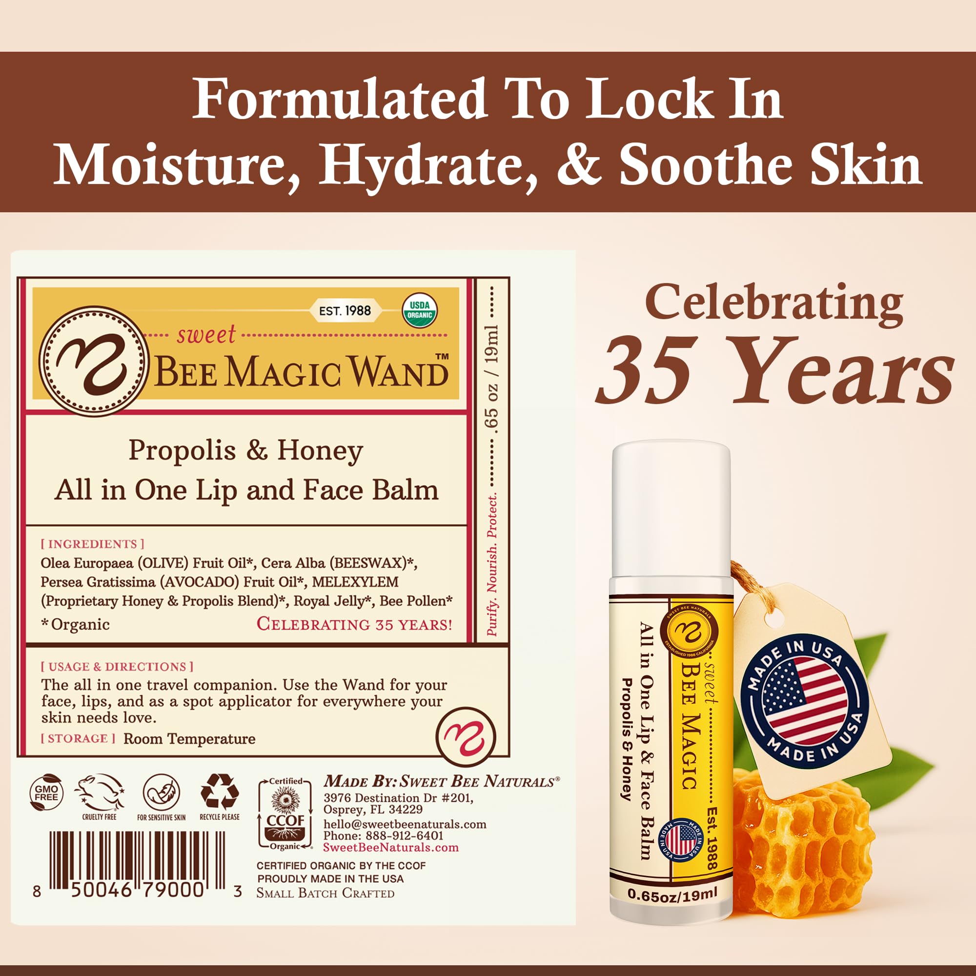 Sweet Bee Naturals honey propolis balm application protects lips gently.