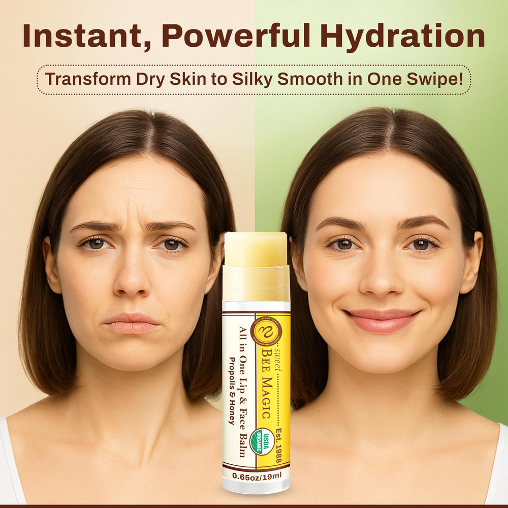 Sweet Bee Naturals honey and propolis lip balm application soothes dry lips