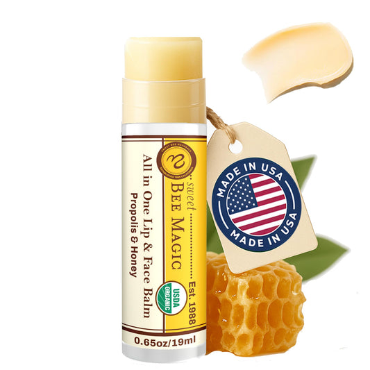 Sweet Bee Naturals Organic Beeswax Lip Balm tube shows pure ingredients for hydration