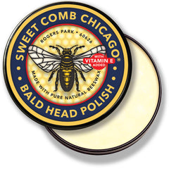 Sweet Comb Chicago Bald Head Polish jar closeup highlights beeswax-based formula for post-shave care