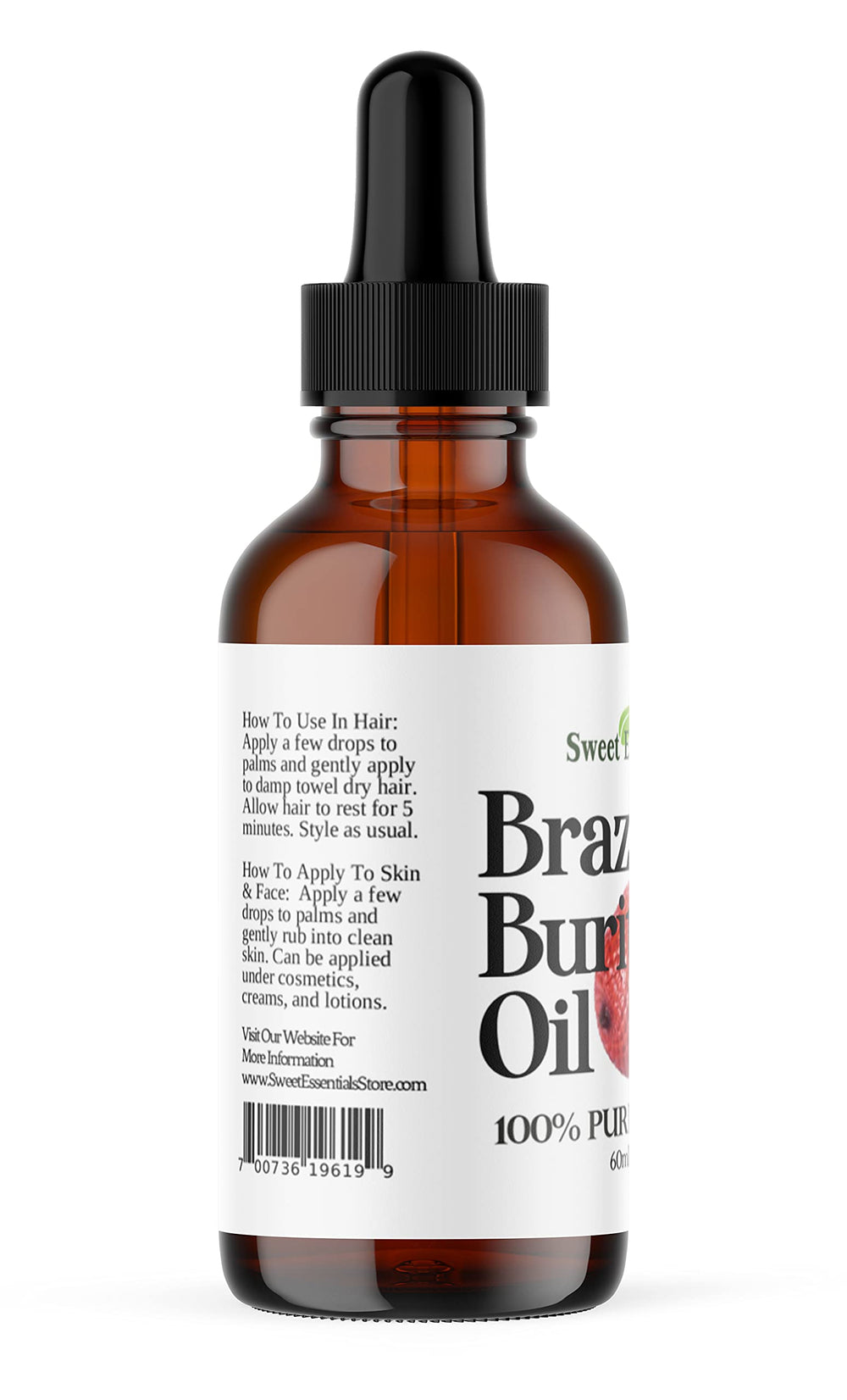 Sweet Essentials Buriti oil amber bottle — protective storage preserves potency.