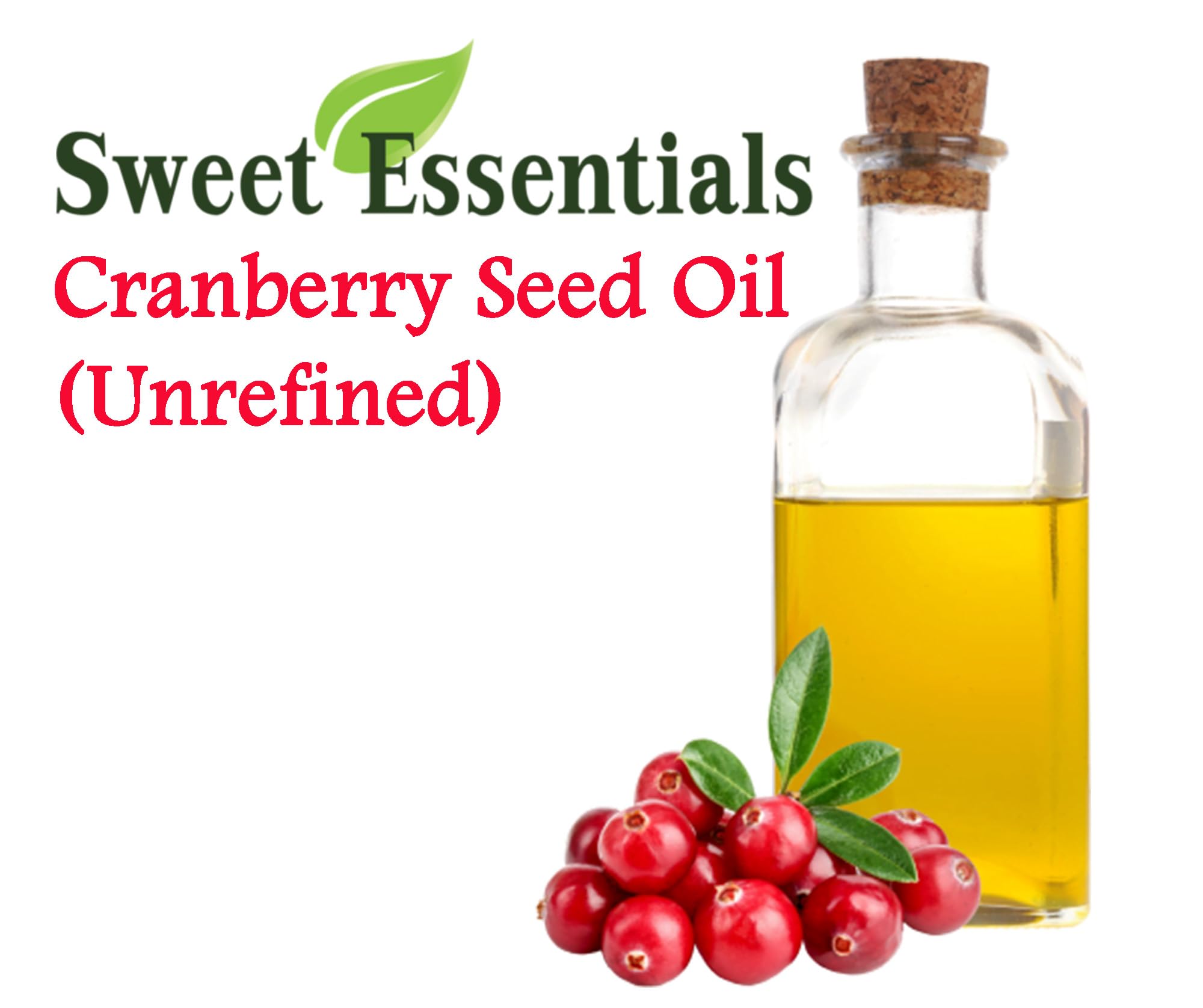 Sweet Essentials cranberry seed oil label highlights organic, unrefined formula with balanced omegas.