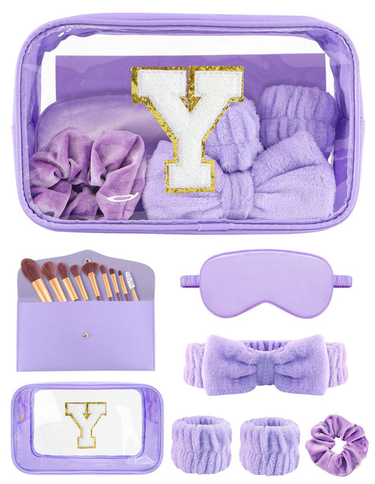 Sweet Lion initial makeup bag in purple with glitter edges for chic organization.