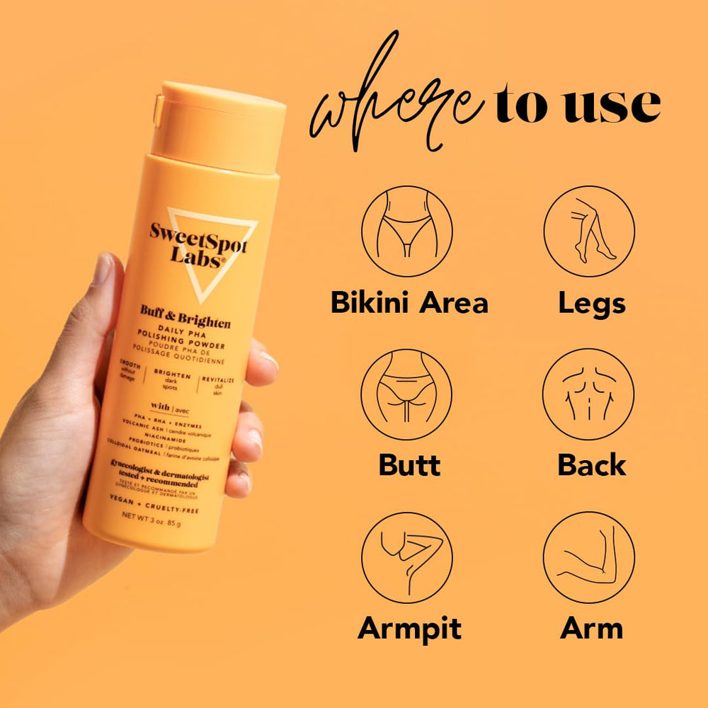 SweetSpot Labs Buff & Brighten daily-use routine visual hints at easy, water-activated exfoliation.