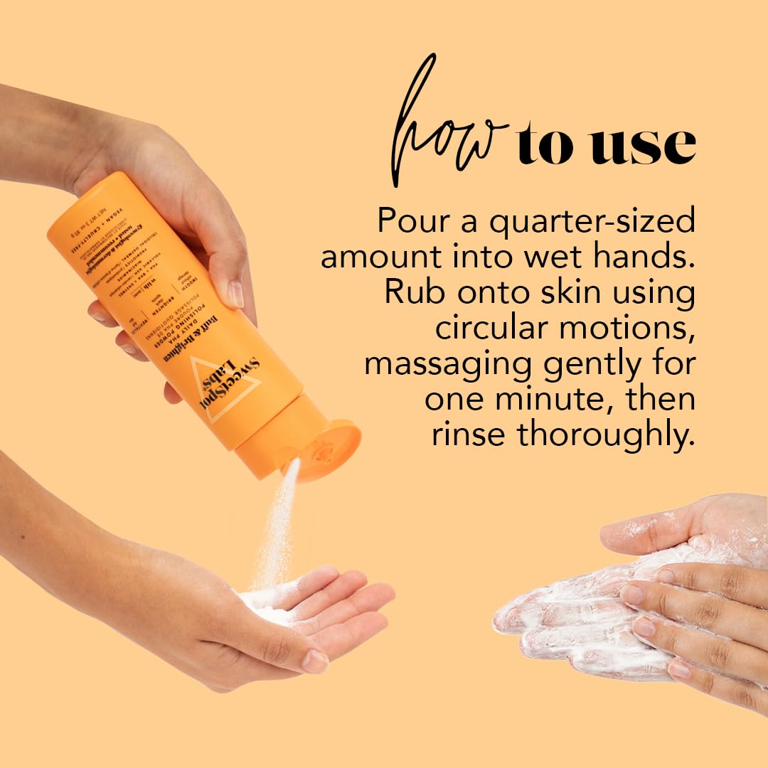 SweetSpot Labs Buff & Brighten bottle close-up highlights dispensing cap and powder readiness.