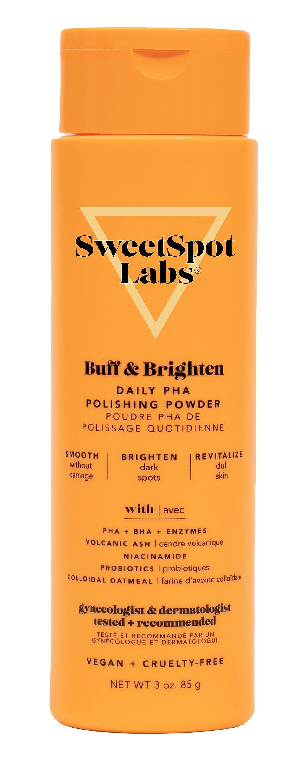 SweetSpot Labs Buff & Brighten PHA powder exfoliator pour activates into foam for gentle exfoliation.