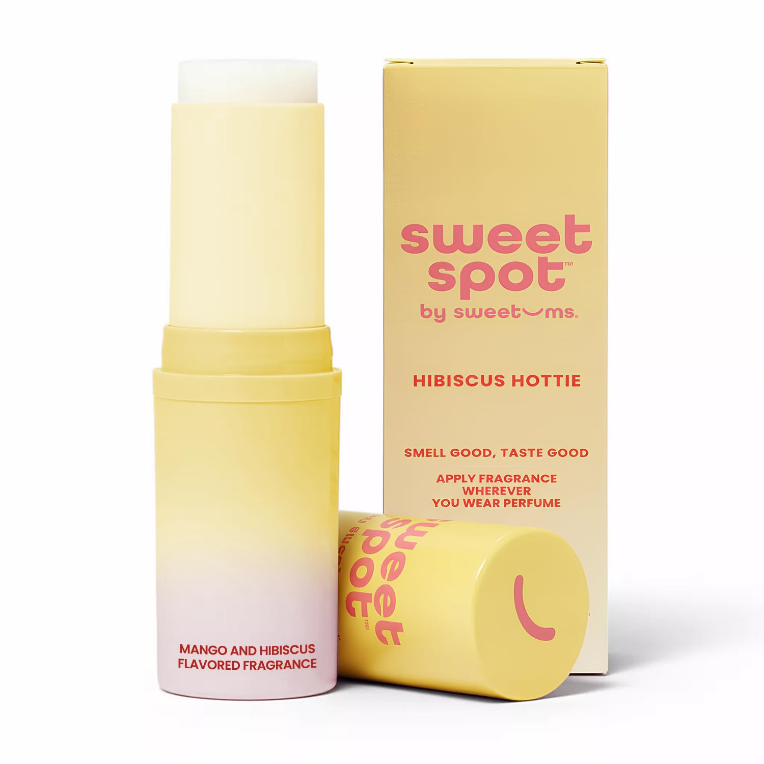 Sweetums SweetSpot Mango Hibiscus solid perfume stick close-up, travel-friendly glide.
