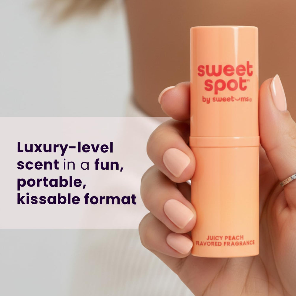 Sweetums SweetSpot Peach on lips illustrates flavor-infused fragrance concept