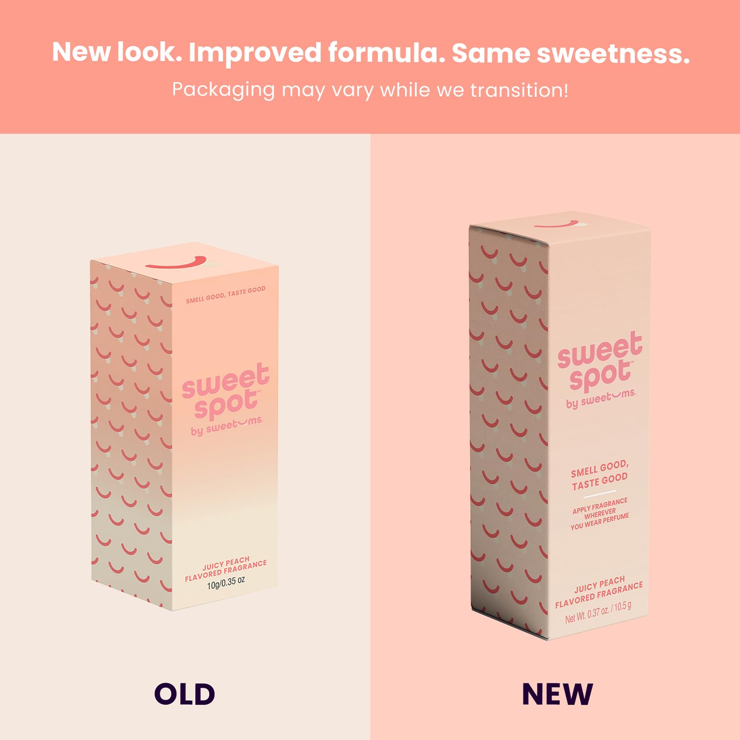 Sweetums SweetSpot Peach stick in hand shows long-lasting wear idea