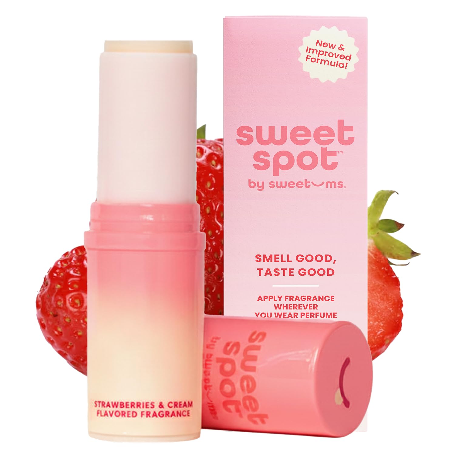 Sweetums SweetSpot packaging shows Strawberries & Cream for travel-friendly design.