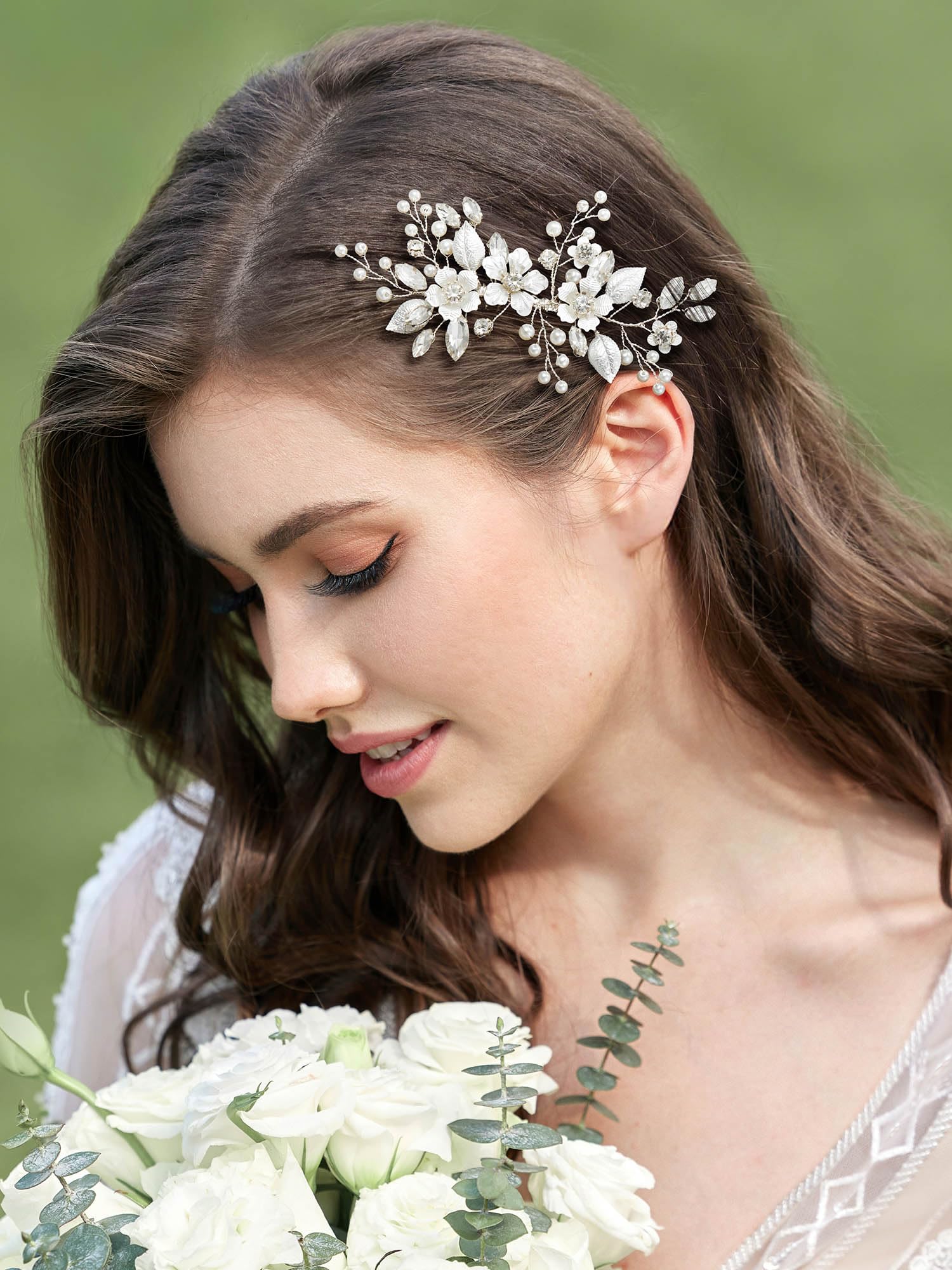 SWEETV crystal-and-pearl leaves create a romantic flower motif