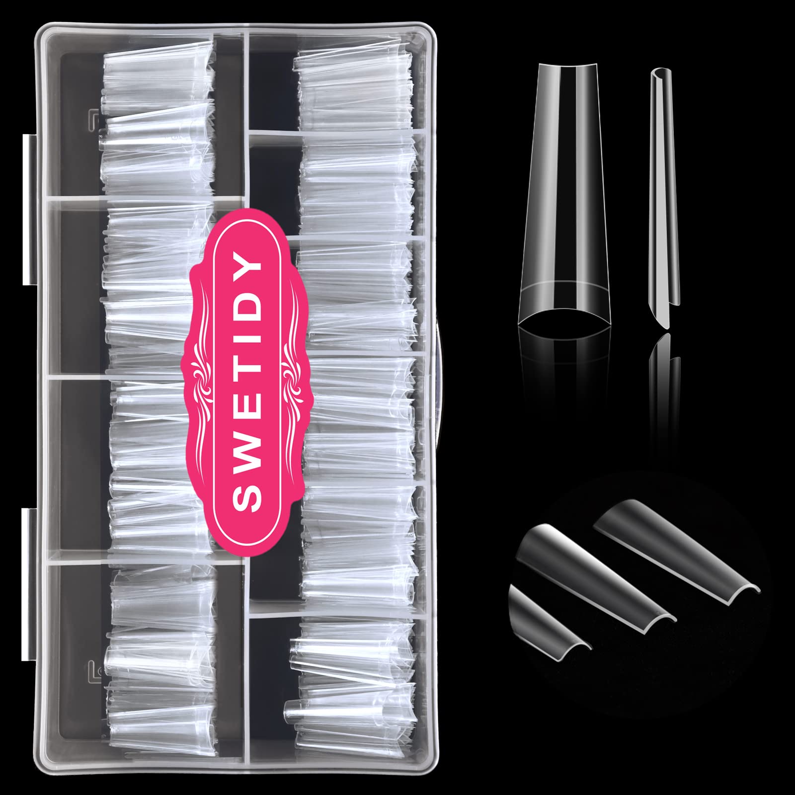 SWETIDY 500pcs no C curve XL coffin tips in box for easy storage.