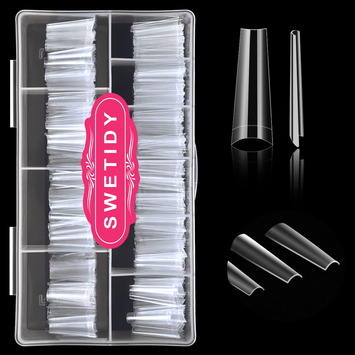SWETIDY 500pcs no C curve XL coffin tips in box for easy storage.
