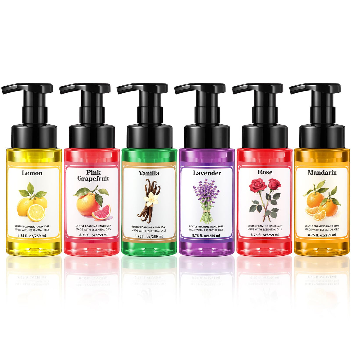 Swiffen 6-pack foaming hand soap front view shows colorful bottles for home or office use.