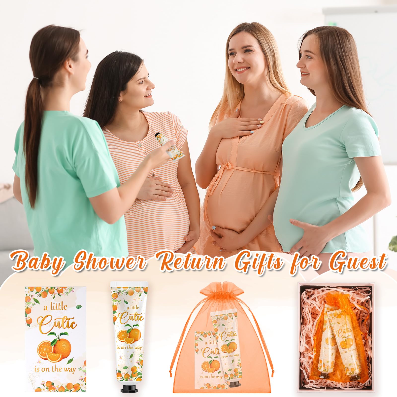 Swiffen baby shower themed design with orange motif enhances party favors.
