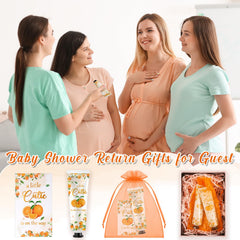 Swiffen baby shower themed design with orange motif enhances party favors.