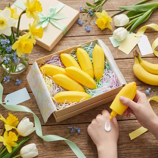 Swiffen banana hand cream tubes closeup, fruity appeal.
